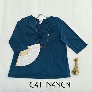 JON DEN - Teal 3/4 Sleeve Draped Neck Top!